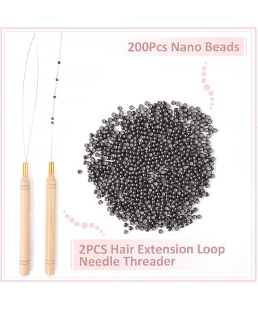 Vlasy Nano Beads Silicone Lined 3.0mm - 200PCS with Hair Extension Loop Needle Threaders - Dark Brown Set for Hair Extensions - Buy Online on SooperMarket.com