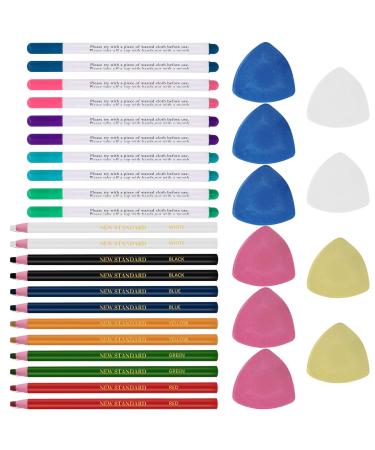Rustark 32 Pcs Tailoring Marker Tools Including 10 Pcs Triangle Tailor's Fabric Marker Chalk 10 Pcs Disappearing Ink Fabric Marker Pen and 12 Pcs Sewing Marking Pencil for Quilting Sewing Dressmaking