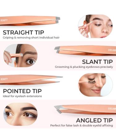 EXCLAIM BEAUTY 4-Piece Stainless Steel Precision Tweezers Set for Men & Women - Eyebrow, Splinter, and Ingrown Hair Removal - Includes Leather Case - Rose Gold - Buy Online on SooperMarket.com