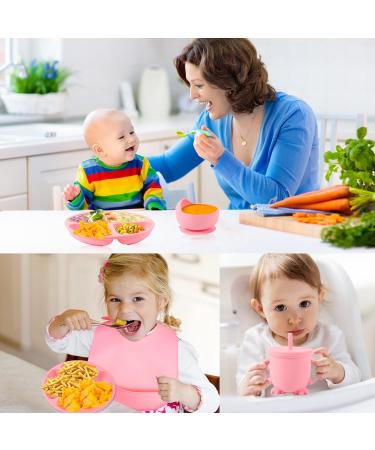 6-Piece Silicone Baby Weaning Set in Pink | Bib, Plate, Bowl, Cup, Fork & Spoon for Babies, Toddlers & Kids - Buy Online on SooperMarket.com