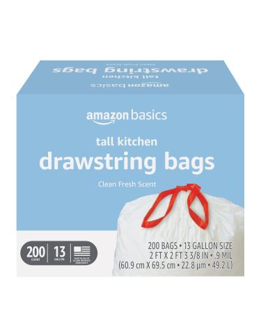 Amazon Basics Tall Kitchen Drawstring Trash Bags, Clean Fresh Scent, 13 Gallon, 200 Count (Previously Solimo)