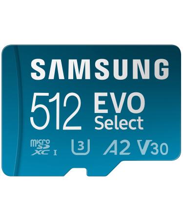 SAMSUNG EVO Select Micro SD-Memory-Card + Adapter, 512GB microSDXC 130MB/s Full HD & 4K UHD, UHS-I, U3, A2, V30, Expanded Storage for Android Smartphones, Tablets, Nintendo-Switch (MB-ME512KA/AM)