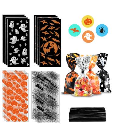 ERKOON 200 pcs Halloween Treat Bags Halloween Cellophane Candy Bags Spider Web Bat Ghost Pumpkin Gift Bags with 250 Twist Ties Kids Party Candy Bags for Halloween Party Supplies