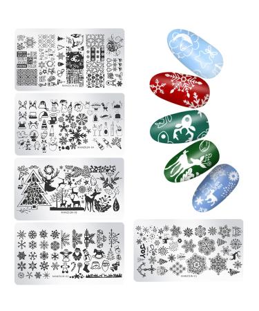 5Pcs Christmas Nail Stamp Plates Set with Various Patterns Snowflake Elk Santa Claus Christmas tree DIY Print Manicure Salon Design Perfect Christmas Nail Decoration for Professional DIY Salon 5 Pcs - Christmas