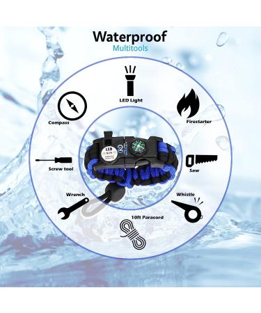 Survival Paracord Bracelet Set of 2 Blue- Tactical Emergency Gear Kit with SOS LED Light, Multitools, Fire Starter, Compass, and Whistle - Buy Online on SooperMarket.com