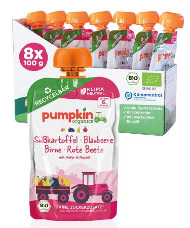 Organic squeezing sweet potato blueberry pear beetroot oats & rapeseed oil - vegetable puree fruit puree and cereals for babies from the 6th month.Recyclable squeezing bag 8 Pack (8x100g)