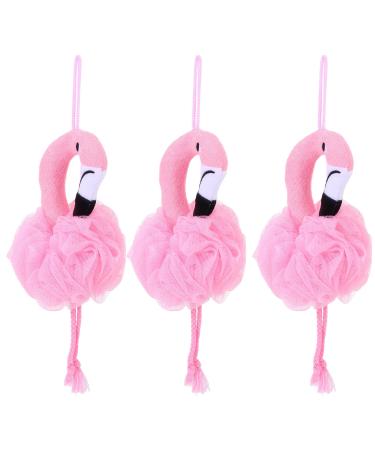 FRCOLOR Shower Loofah Bath Sponge Flamingo Mesh Pouf Body Scrubber with Hanging Rope for Kids Women Girls Pink