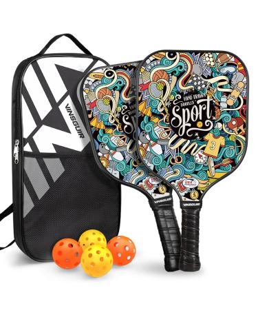 VINSGUIR Pickleball Paddles Set, USAPA Approved Pickleball Set of Rackets and Pickleballs Balls, Pickleball Rackets with Lightweight Carrying Bag for Beginners & Pros Cartoon Doodle