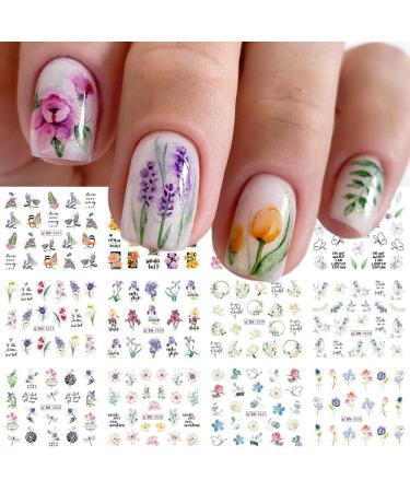 Flower Nail Art Stickers Spring Summer Nail Decals White Lily Blue Tip Lavender Blossom Nail Supplies Colors Nail Accessories Decorations Water Transfer Nail Foil Sliders Nail Decor for Women Design 12 Sheet