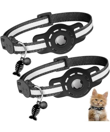 Diyife Airtag cat neck band 2-pack reflective GPS light tracker cat neck bands with Airtag case quick lock bell 20-33 cm adjustable for cats kitten black 2 black