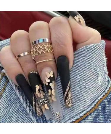 JUSTOTRY 24 Pcs Black Fake Nails Long Gold Glitter French Press on Nails with Butterfly Patterns Ballerina Stick on Nails for Women Acrylic Coffin False Nails Long with Glue for Nail Art butterfly&black