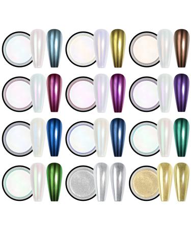 Saviland Mermaid Chrome Nail Powder Set - 12PCS White Pearl Aurora Chrome Nail Powder  Metallic Mirror Gold Nail Chrome Powder for Gel Nails Pearlescent Glitter Pigment Powder for Nails Decoration