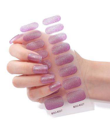 Semi Cured Gel Nail Strips Glitter Pink Nail Wrap 16Pcs Adhesive Full Wrap Gel Nail Art Sticker Waterproof Gel Nall Wrap Stickers with Nail File UV/LED Lamp Required Glitter Pink Purple