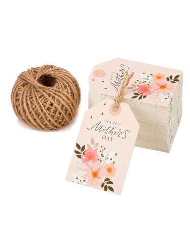WRAPAHOLIC Gift Tags with String - 100PCS Happy Mother's Day Floral Design Paper Tags with 100 Feet Natural Jute Twine for Mother' Day, Party Favors