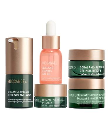 Biossance Overachievers Set. Squalane + Lactic Acid Resurfacing Night Serum Bundle with Travel Size Best Sellers to Hydrate, Exfoliate and Smooth Fine Lines (5 items)