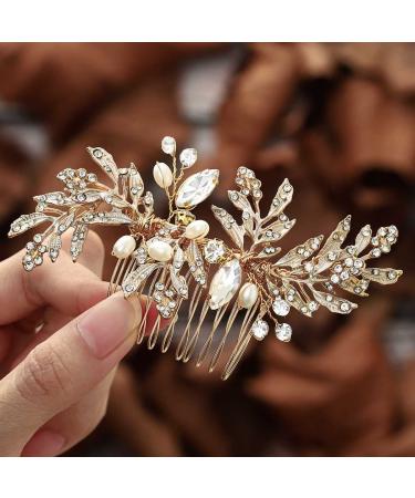 Foyte Crystal Bride Wedding Hair Comb Leaf Bridal Headpieces Rhinestone Hair Pieces Pearl Bridesmaid Side Combs Hair Accessories for Women and Girls (rhinestone)