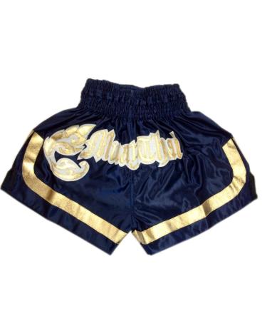 Woldorf USA MMA Boxing Muay Thai Shorts in Satin Dark Navy Blue Gold cutt Letter Small