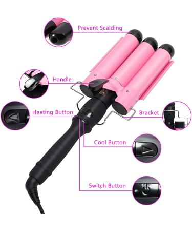 Awhoas 3 Barrel Curling Iron 32MM Hair Waver | Triple Barrel Hair Crimper for Women | Pink Curling Wand with LCD Temp Display - Buy Online on SooperMarket.com