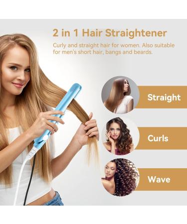 2-in-1 Mini Hair Smooth & Curling Iron - Portable Travel Ceramic Styler for Women & Short Hair - Blue - Buy Online on SooperMarket.com