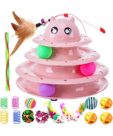 17 Pack Cat Toys Interactive for Indoor Cats Kitten Toy Fun Roller 3 Level Cat Teaser Ball Toys with Cat Feather Wand Pink