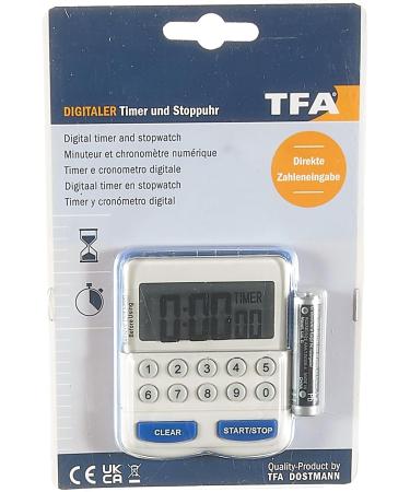 TFA Dostmann Electronic Timer & Stopwatch - Digital Kitchen Timer in White/Blue | Compact Size L 64 x W 25 x H 76 mm - International Shipping Available - Buy Online on SooperMarket.com
