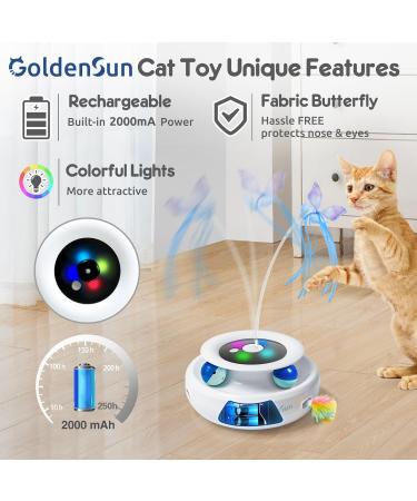 GoldenSun 3-In-1 Interactive Cat Toys for Indoor Cats - Rechargeable Smart Feather Toy with Balls, Butterfly Teaser, and 6 Attachments - Buy Online on SooperMarket.com