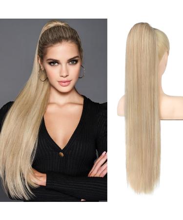 REECHO Ponytail Extension 28" Long Straight Drawstring Pony Hair Extension Synthetic Pony Tail Hairpiece for Women Medium Blonde with Pale Highlights