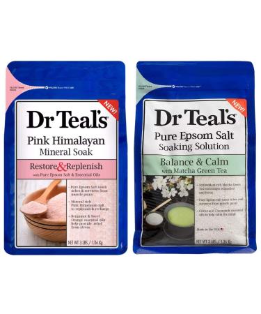 Dr. Teal's Epsom Salt Bath Variety Gift Set (2 Pack 3lbs Ea.) - Restore & Replenish Pink Himalayan Balance & Calm Matcha Green Tea - Essential Oils Blended with Pure Epsom Salt Eases Aches & Pains