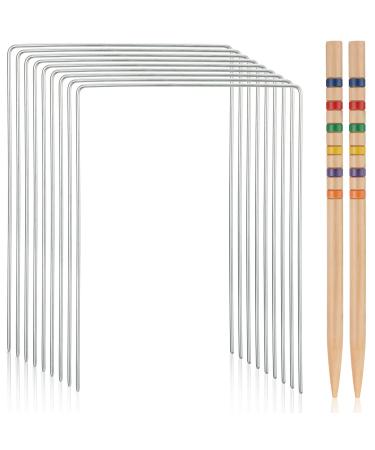 Deekin 11 Pcs Wooden Croquet Stakes and Croquet Wickets Set Includes 2 Croquet Pinewood Stakes and 9 Replacement Wickets Croquet Sets for Families for Lawn Backyard Park Outdoor Game