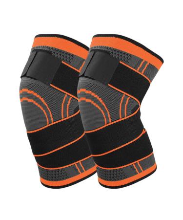 Knee Support Brace 2 Pcs Elastic Nylon Knee Sleeves with Compression Strap for Joint Pain Meniscus Tear ACL Tendonitis Running Mountaineering Outdoor Sports (Orange S) S Orange