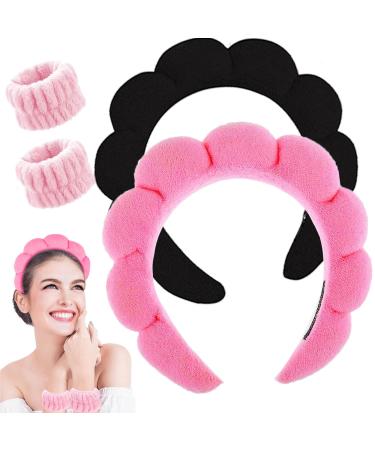 Spa Headband for Washing Face Makeup Headband Bubble Skincare Headbands with Face Wash Wristbands Terry Cloth Headband Soft Puffy Headband for Women Gifts Black+Rose pink