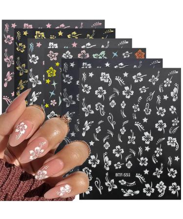 6Sheets Hibiscus Flower Nail Stickers White Pink Nail Decals Elegant Floral Petal Wavy Line Strip Tropical Leaf Designs French Tip Sticker for Women Nail Supplies Spring Nail Decorations Accessories Style 7