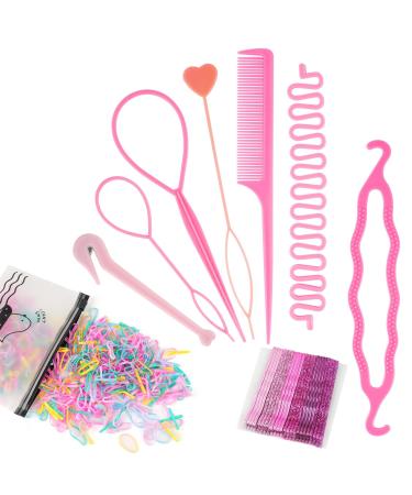 Tail Hair Tools Hair Loop Pull Through Tools Hair Braiding Tools with Hair Elastics Hair Plaiting Rat Tail Comb Bands Remover and Hairpin Hair Updo for Girls Women French Hair Styling Pink