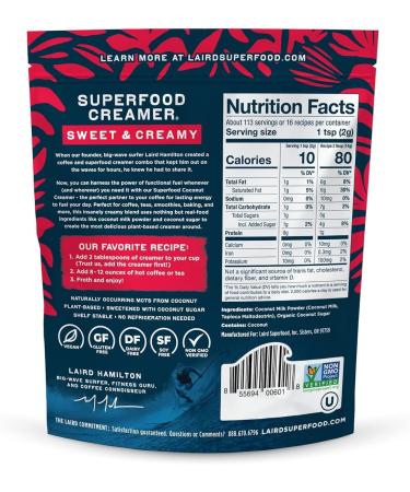 Laird's Superfood Non-Dairy Superfood Creamer - Coconut Powder Coffee Creamer - Sweet & Creamy - Gluten Free Non-GMO Vegan - 227g - Buy Online on SooperMarket.com