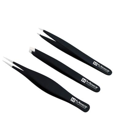 MACS TWEEZERS SET - for Eyebrow Plucking  Ingrown Hair -Best for Eyebrow Hair  Facial Hair Removal - Stainless Steel Precision Sharp- Pointy Ends Meet Perfectly. (3 PCs Black Tweezers Set)