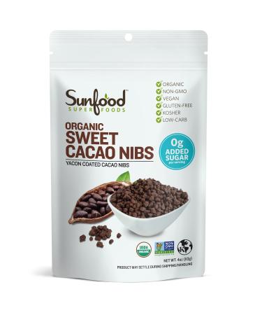 Sunfood Superfoods Sweet Cacao Nibs | All Natural Ingredients | Ultra-Clean (No Chemicals, Artificial Flavor, Additives or Fillers) | Organic, Non-GMO, Vegan, Gluten Free | 4 oz Bag