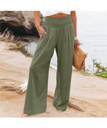 Womens Cotton Linen Wide Leg Palazzo Pants | High Waisted Lounge Cargo Beach Trouser | Loose Fit XXL | Army Green - Buy Online on SooperMarket.com
