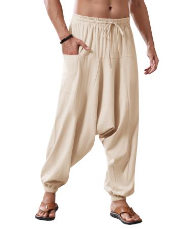 Runcati Men's Cotton Harem Pants Baggy Hippie Casual Linen Yoga Pants Beach Low Crotch Trouser Brown M