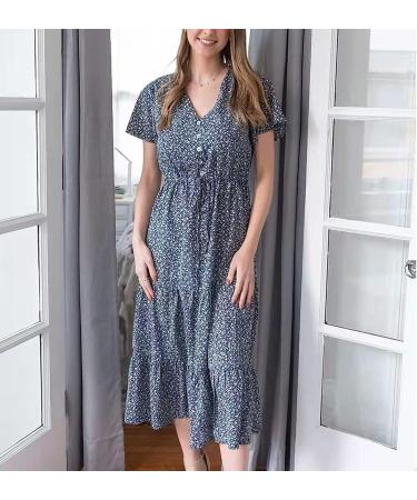 BOXIACEY Spring Dress for Women - V Neck Short Sleeve Maxi Dress with Belted Ruffle Hem | Small Dark Blue - Buy Online on SooperMarket.com