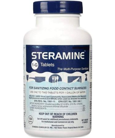 Steramine Sanitizing Tablets for Food Contact Surfaces - Kills E-Coli, HIV, Listeria - 150 Tablets - Model 1-G - Blue - Pack of 1 Bottle - Buy Online on SooperMarket.com