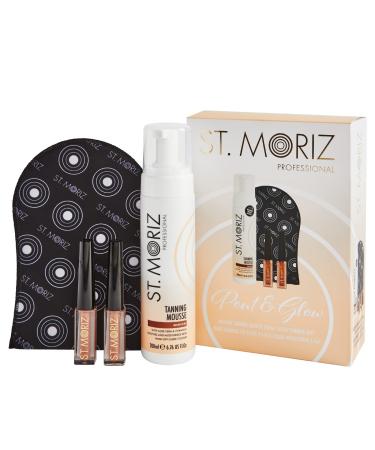 ST. MORIZ Pout & Glow Gift Set - Professional Medium Tanning Mousse (200ml) Nude Shimmer Lip Gloss (3ml) Liquid Highlighter (3ml) & Velvet Tanning Mitt Brown
