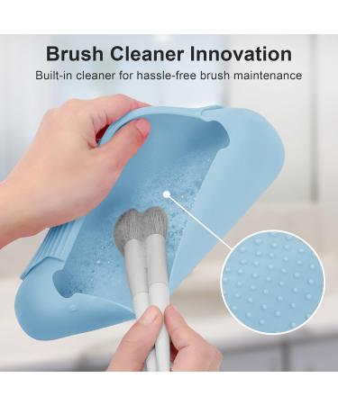 Travel Makeup Brush Holder | Silicone Portable Cosmetic Brushes Organizer with Built-in Cleaner | Upgrade Travel Essentials Case (Sky Blue - Buy Online on SooperMarket.com