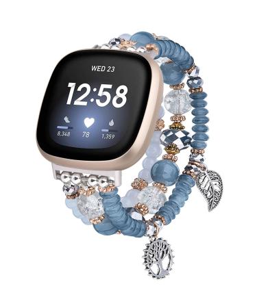 V-MORO Bracelet Compatible with Fitbit Versa Sense Bands/Fitbit Versa 3 Band for Women Girl Handmade Elastic Stretch Beads Replacement Band for Fitbit Versa 3 Smart Watch Gray