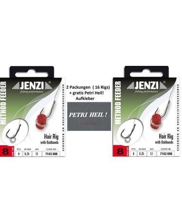 Set: 2 pack (16 rigs) Method feeder hair rig from jenzi with rubber band/quick stop hook size 8 10 12 - length 12 cm +free petri salvation!Sticker (rubber band hook size 8)