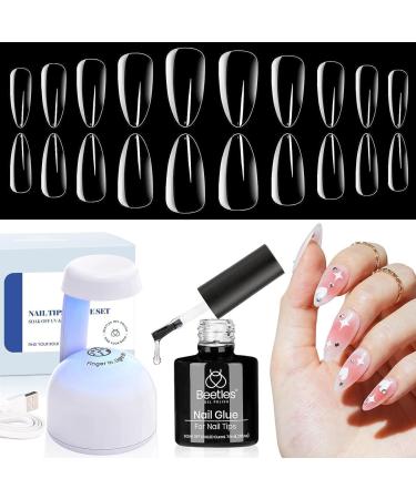 Beetles Gel Nail Kit Easy Nail Extension Set 500Pcs Pre shaped Medium Almond Soft Gel Nail Tips with 5 in 1 Mutipurpose Glue Gel Base Uv Led Nail Lamp for Nail Art Diy Home Gift 0-Medium Almond 500PCS(clear kit)