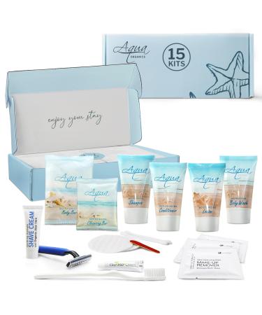 1-Shoppe All-in-Kit|Aqua Organics Amenity & Accessory Kit|1oz Travel Size Shampoo Conditioner Lotion Body Wash Body Bar Cleansing Bar Shave & Dental Sets Make-Up Remover Wipes & Vanity Kit|15 sets