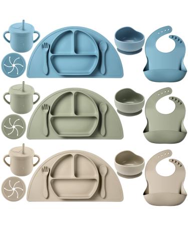 21 Pcs Baby Led Weaning Supplies Silicone Baby Feeding Set Baby Toddlers Utensils Divided Suction Plates Bowls Forks Spoons Cup Adjustable Bibs Placemat Self Feeding Eating Utensils  3 Colors