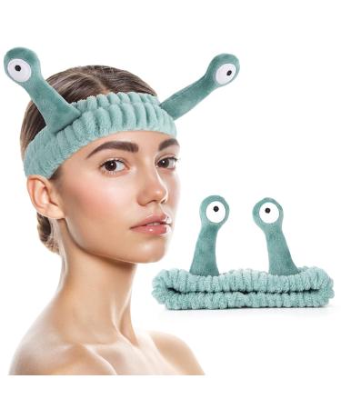 WLLHYF Spa Headband Facial Makeup Head Band Microfiber Soft Coral Fleece Head Wraps Snail Cartoon Cute Hair Accessories Elastic Skincare Hair Band for Women Girls Washing Face Beauty (Green)