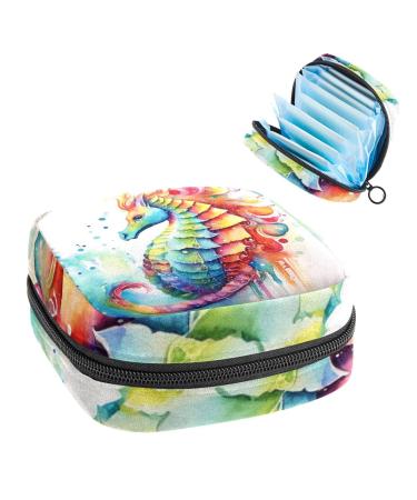 Watercolor Seahorse Sanitary Napkin Storage Bag Feminine Menstrual Cup Pouches Nursing Pad Holder Tampon Bags Portable Period Bag for Women Teen Girls 1Pcs Multi-colored 8