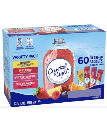 Crystal Light Sugar-Free Drink Mix Variety Pack - 60 Count On-The-Go Singles, Lemonade, Fruit Punch, Raspberry Lemonade & Wild Strawberry - Dissolves in 16.9 oz. Water - Packaged by TOOZOON - Buy Online on SooperMarket.com